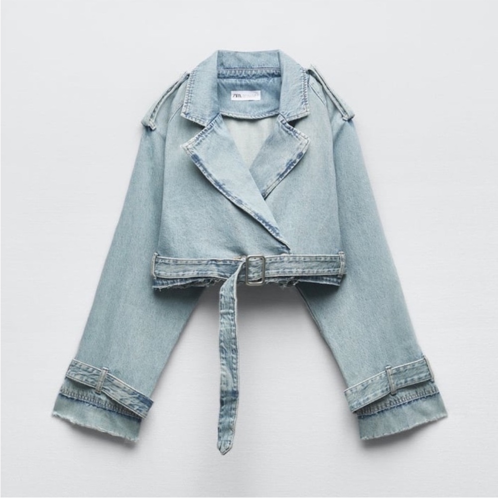 Zara Trf Crop Denim Trench Coat Light Blue with Belt Size Small NWT